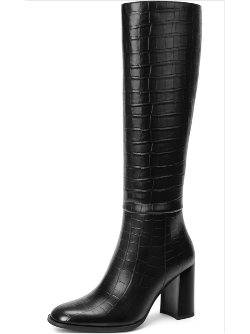NEW Black Faux Crocodile knee High Boots Round Toe Chunky Heel 6.5